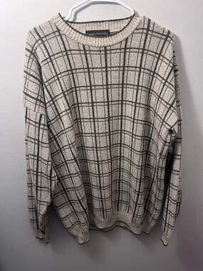 Liberty Sweaters Vintage Plaid Grid Crewneck Sweater Size M Made in USA